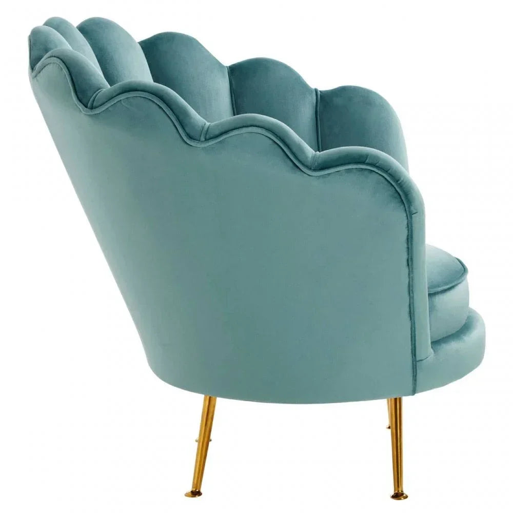Teal velvet accent chair with scalloped backrest and gold metal legs, rear angle view