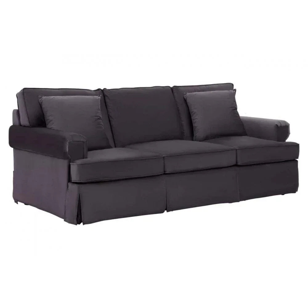 Dark grey fabric sofa with three seat cushions and matching backrest pillows