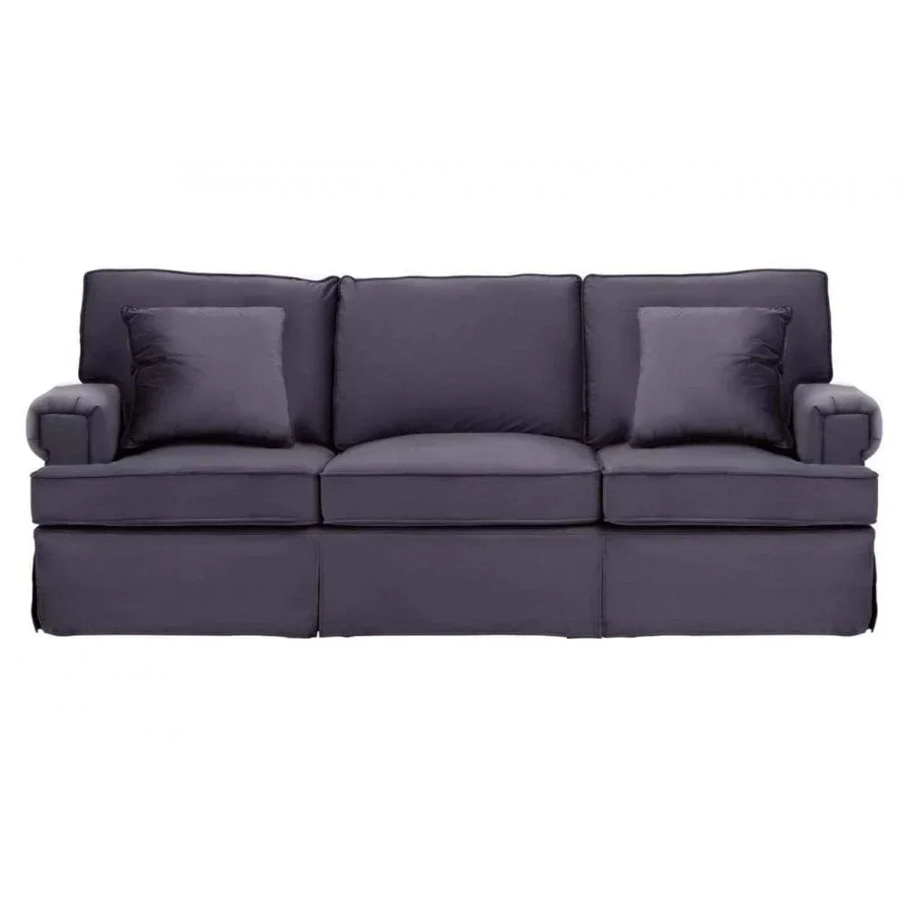 Three seater dark grey fabric sofa with two matching cushions and padded armrests