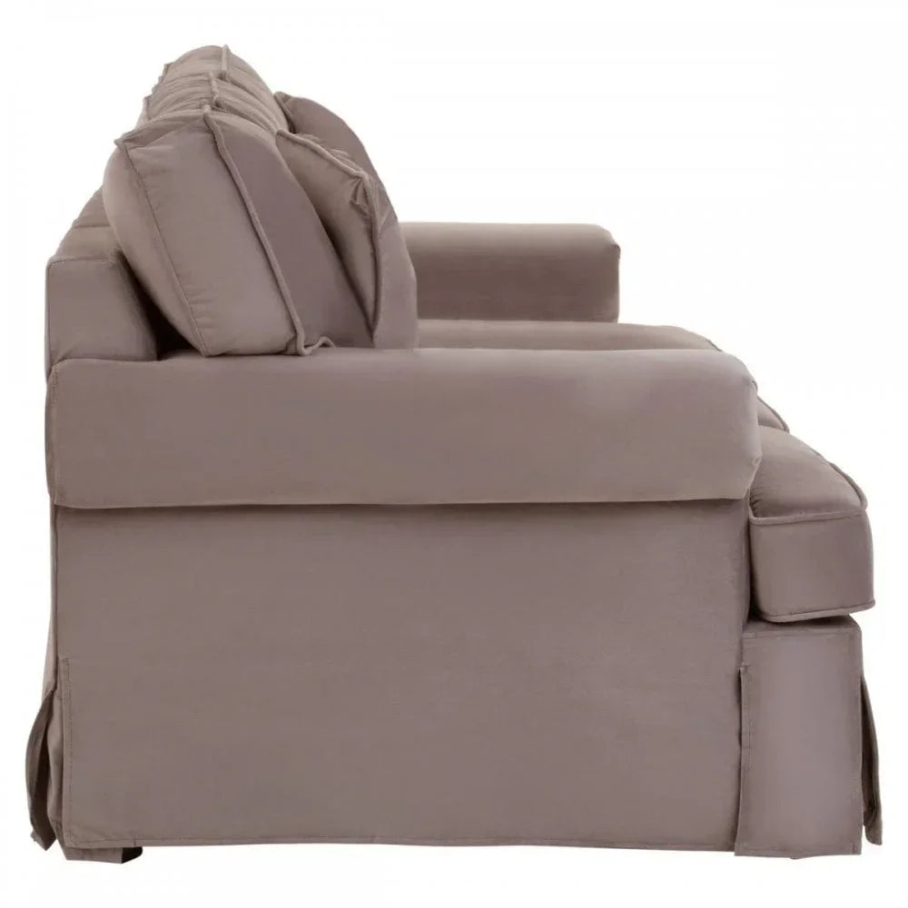 Side view of taupe fabric sofa with cushioned armrest and backrest