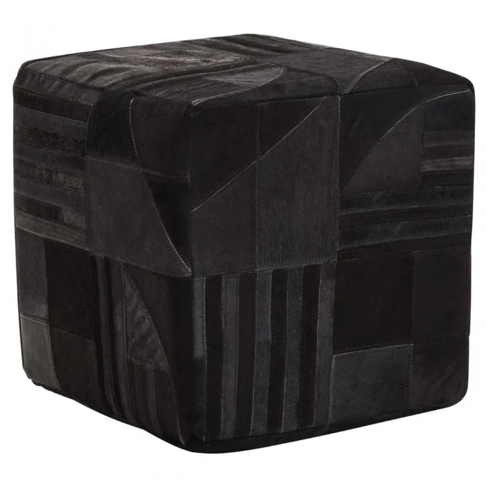 Black leather ottoman with geometric patchwork design and cube shape