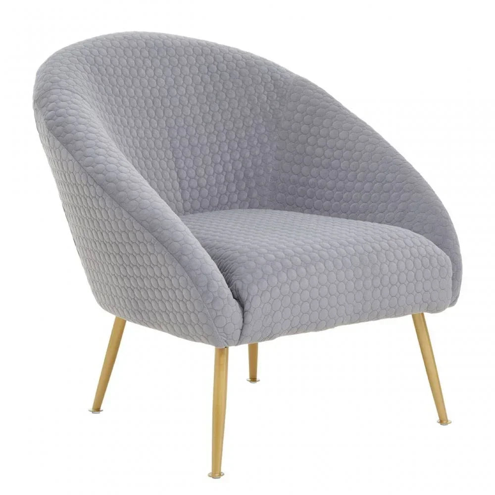 Grey accent chair with textured upholstery and gold metal legs, angled front view