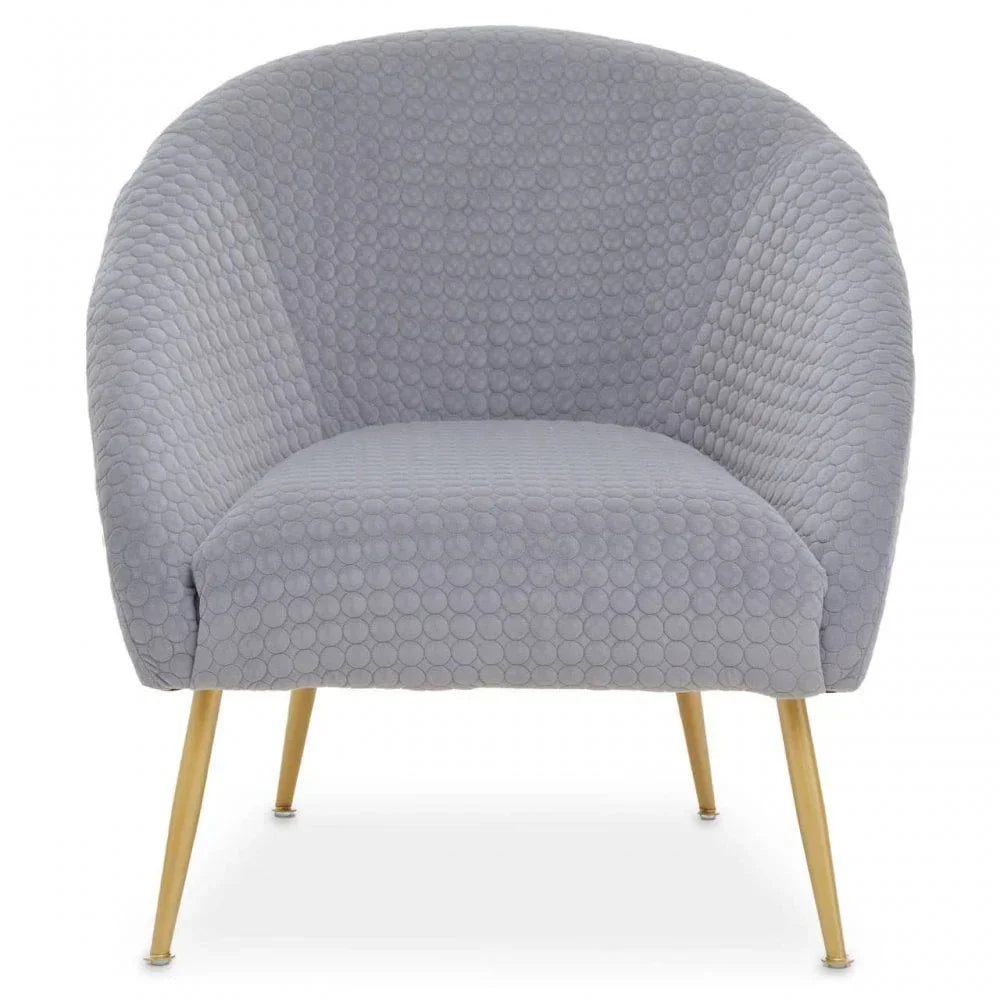 Grey accent chair with textured fabric upholstery and gold angled metal legs, front view