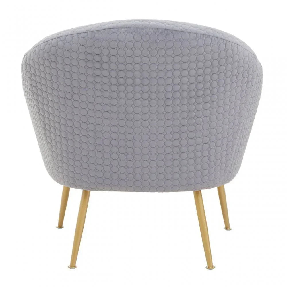 Grey fabric accent chair with hexagonal pattern and gold metal legs, rear view