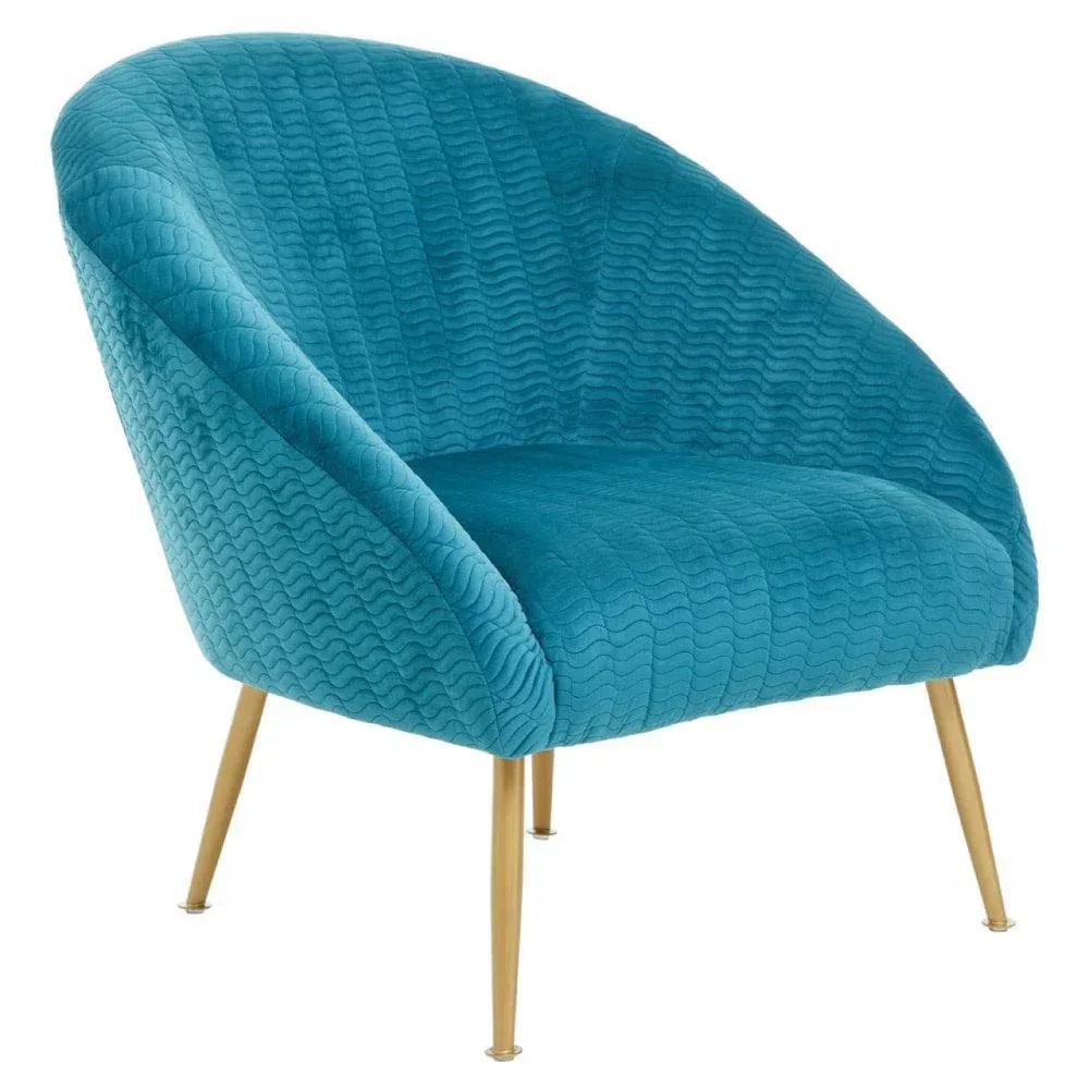 Teal velvet accent chair with curved back and gold metal legs