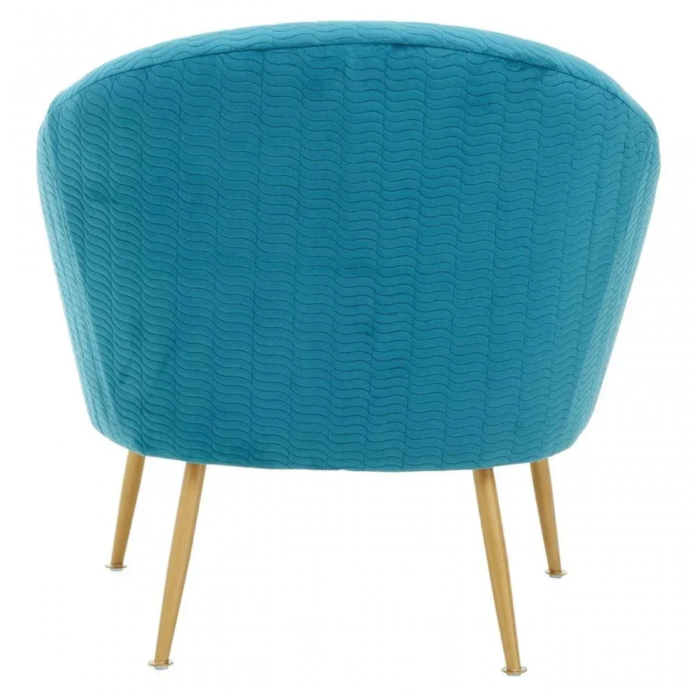 Back view of teal accent chair with gold metal legs and wave pattern upholstery