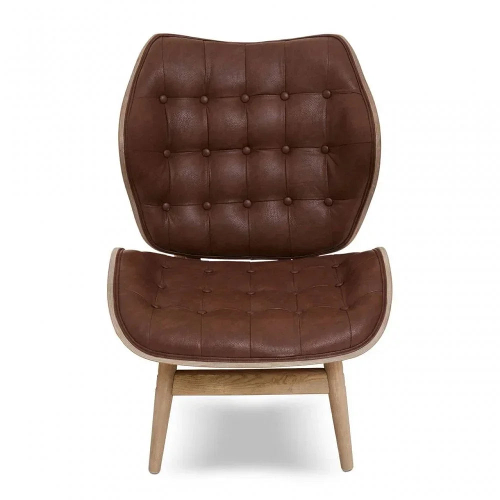 Brown leather accent chair with tufted seat and back, light wood legs, front view
