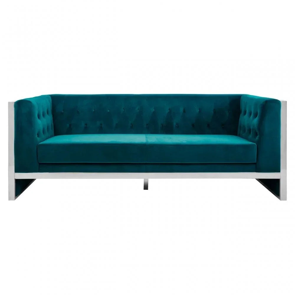 Teal velvet sofa with tufted back and chrome frame, front view