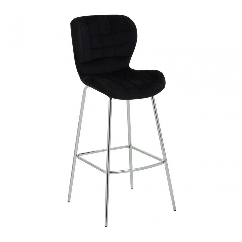 Black velvet bar stool with chrome legs and curved backrest