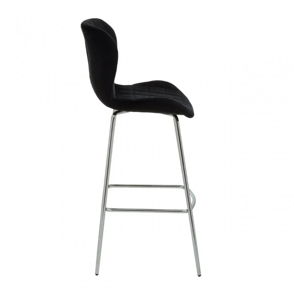 Black bar stool with chrome legs and quilted seat side view