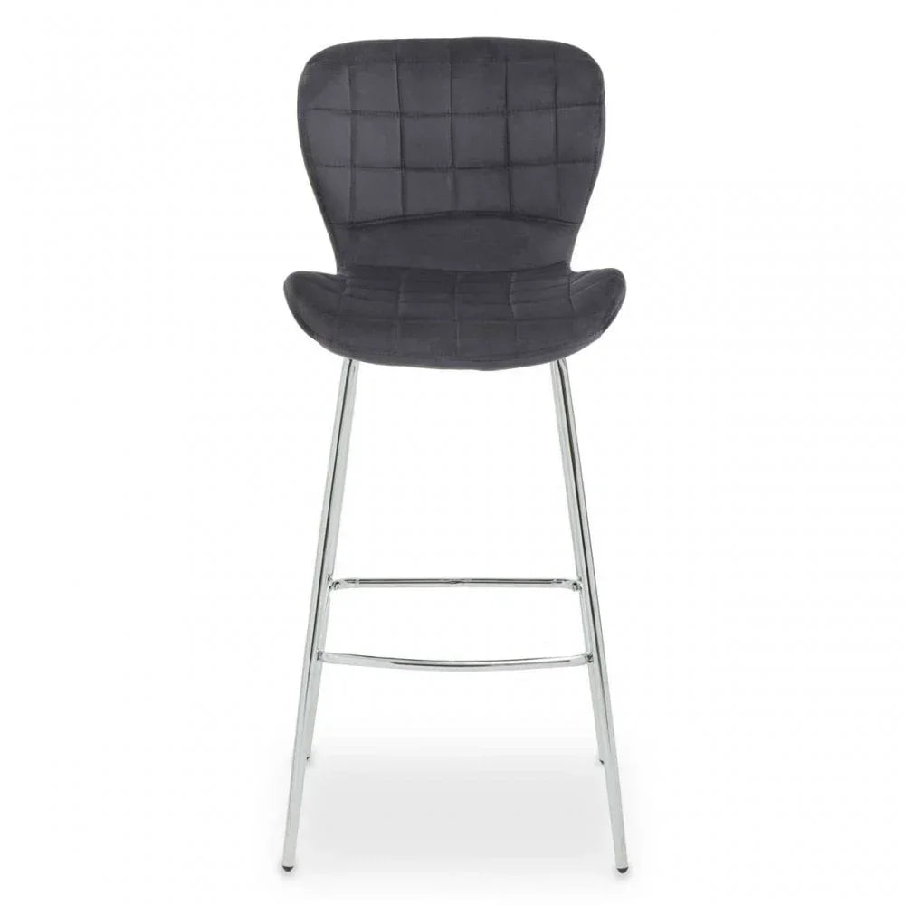 grey fabric bar stool with chrome legs and padded seat front view