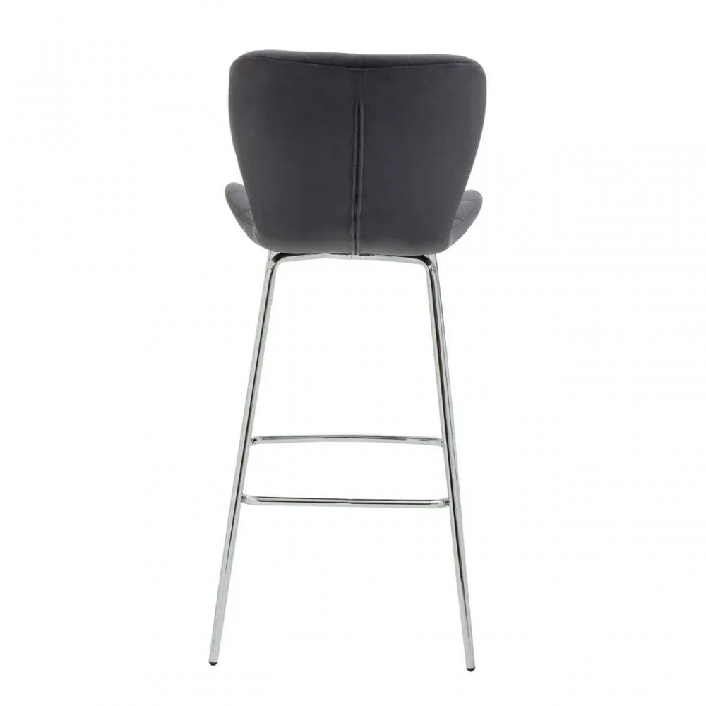 Dark grey bar stool with upholstered backrest and chrome metal legs, rear view