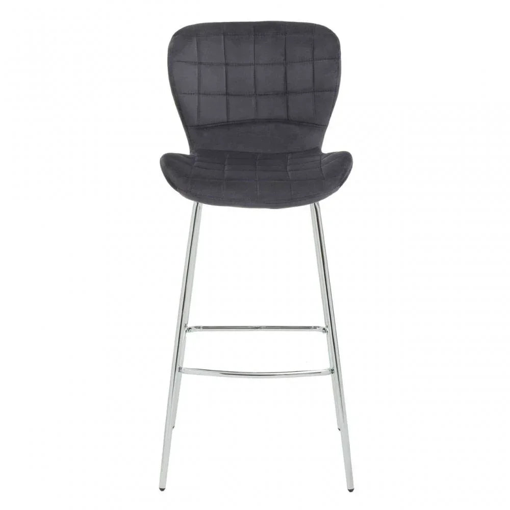 Grey bar stool with padded seat, square stitching and chrome legs, front view