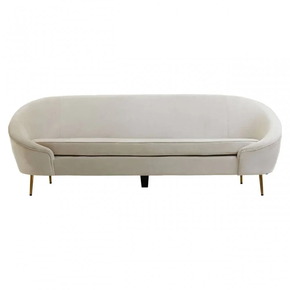 Cream fabric sofa with curved backrest and slim gold metal legs, front view