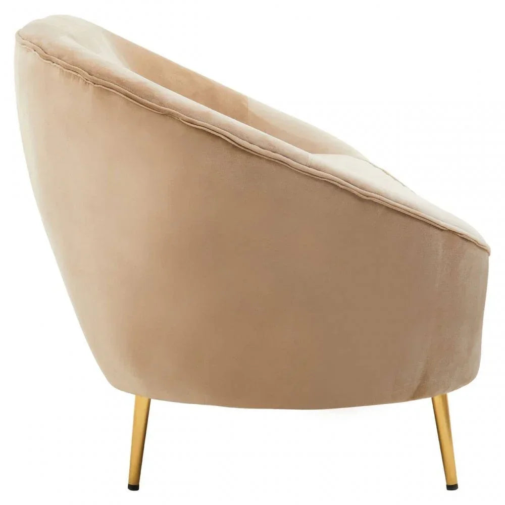 Beige velvet accent chair with gold metal legs, side view
