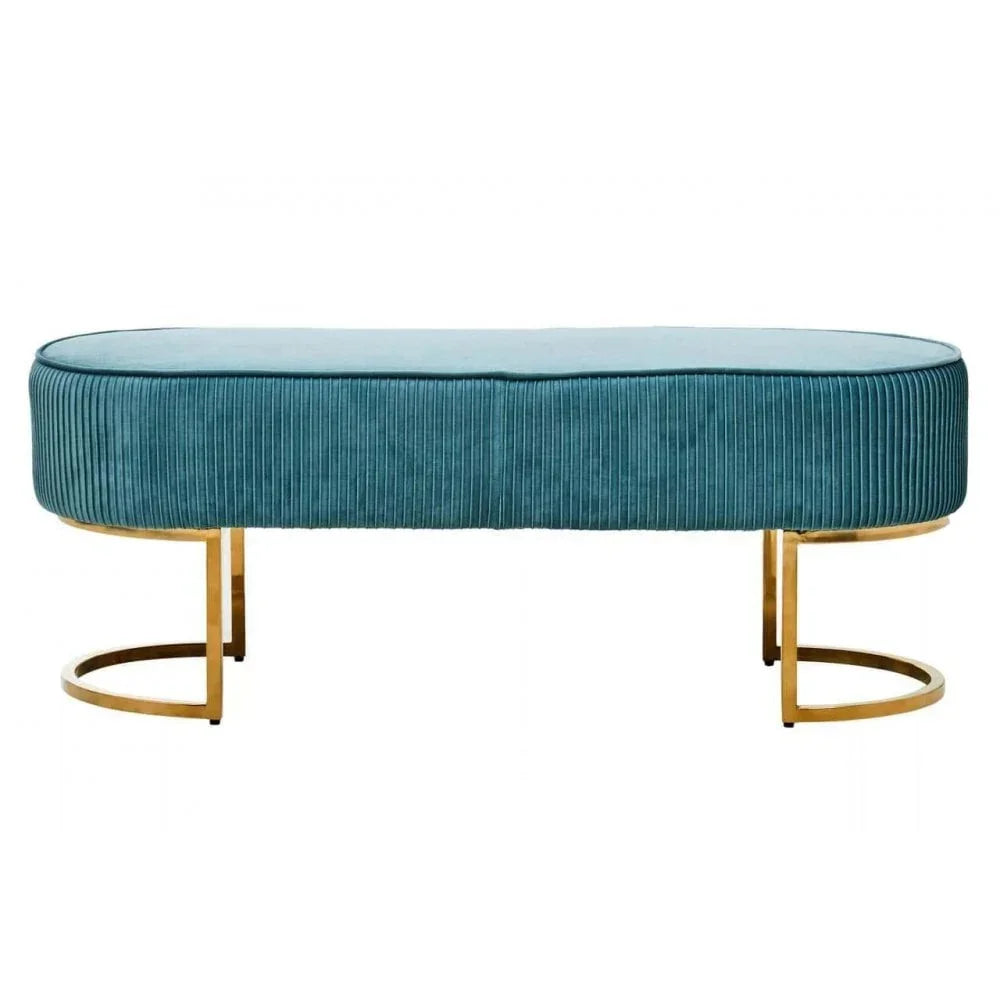 Teal velvet bench with gold metal legs, ribbed upholstered sides, modern living room furniture