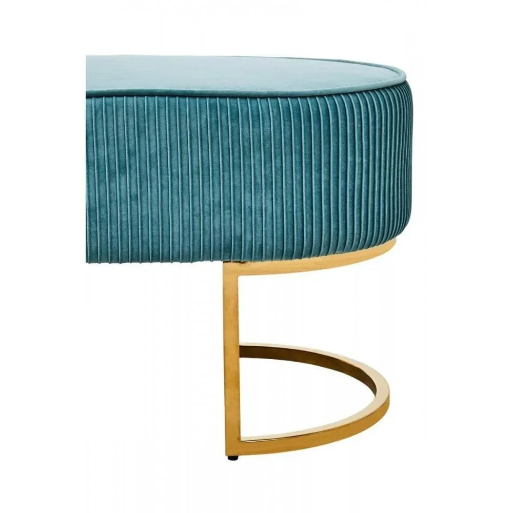 Teal velvet ottoman with vertical pleats and gold metal semicircle base