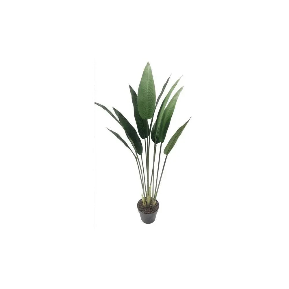 Tall artificial plant in black pot with long green leaves on white background