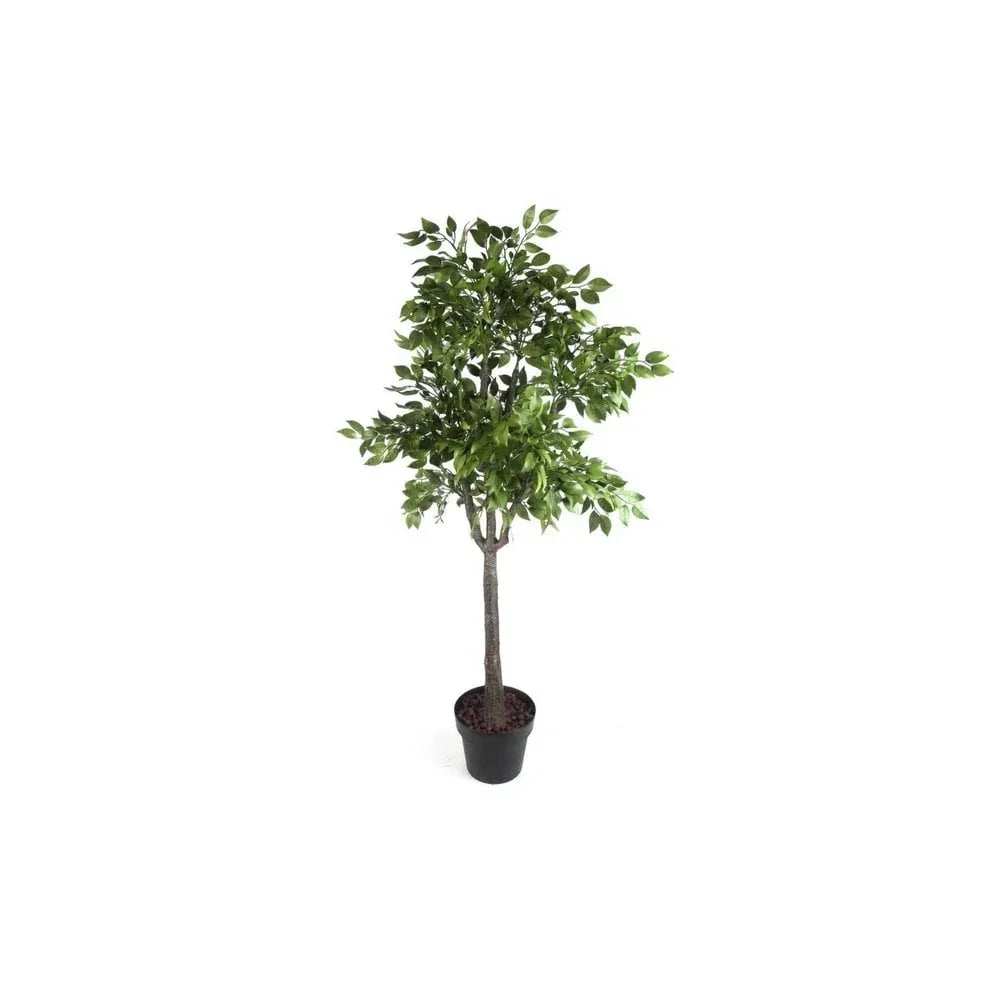 Artificial potted tree with green leaves and dark trunk on white background