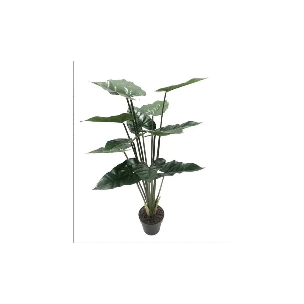 Tall artificial plant with wide green leaves in black pot for home decor