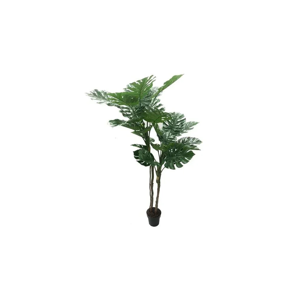 Artificial monstera plant in black pot with tall stems and green split leaves