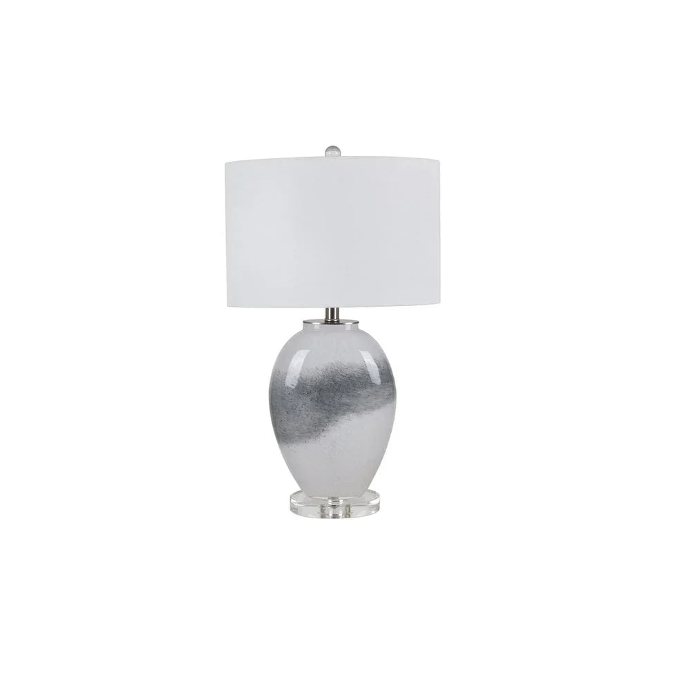 Ceramic table lamp with grey and white gradient base and white drum shade