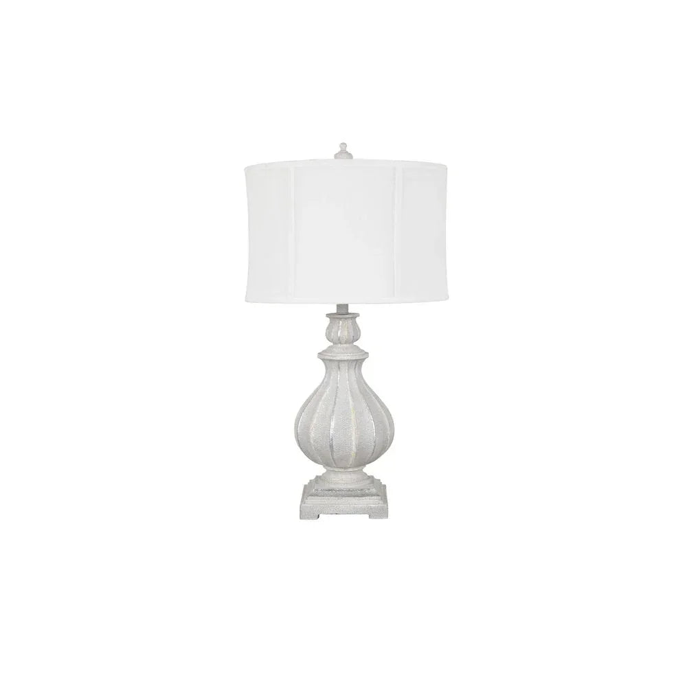 White table lamp with textured ceramic base and round fabric shade