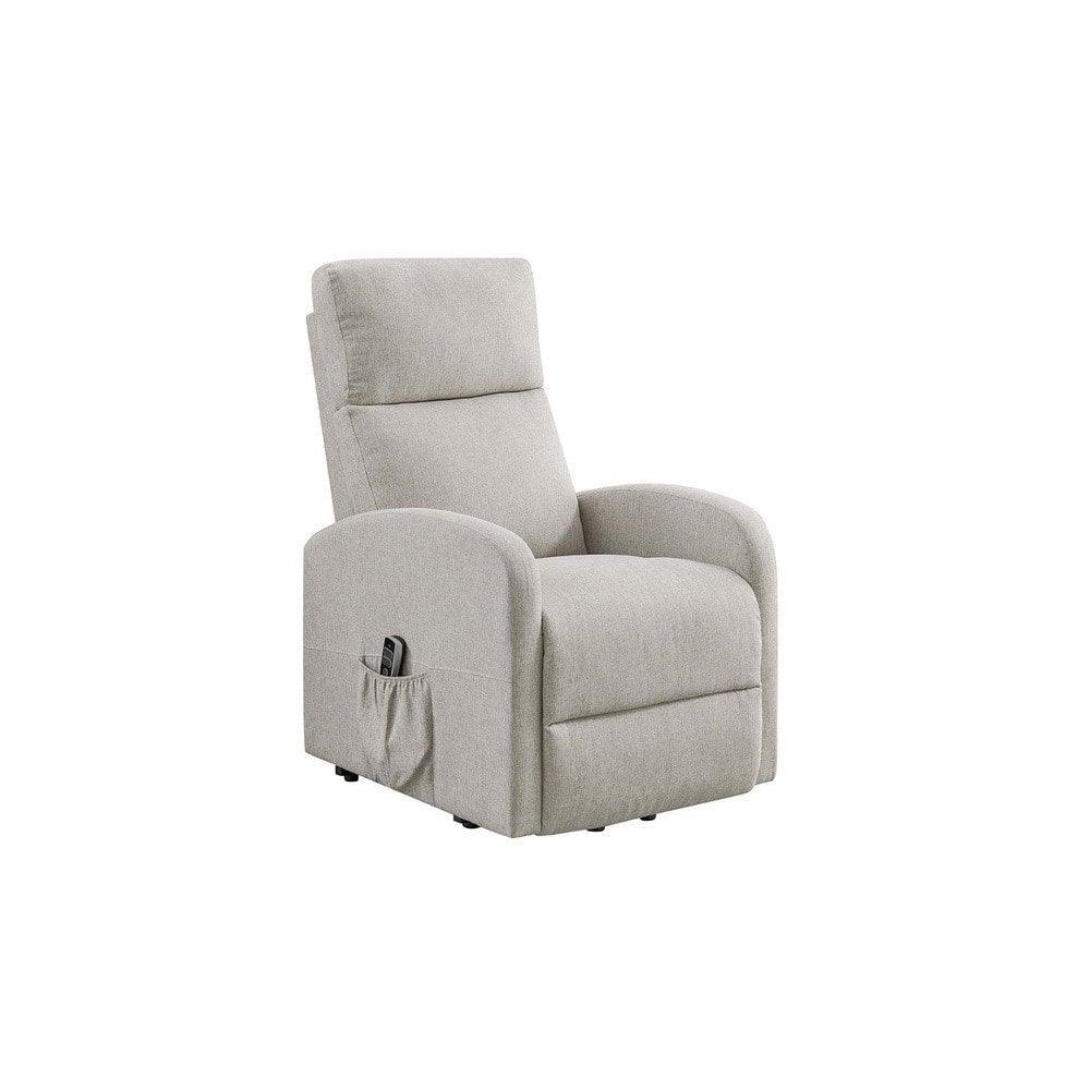 Light grey fabric recliner chair with side pocket and curved armrests, front angle view