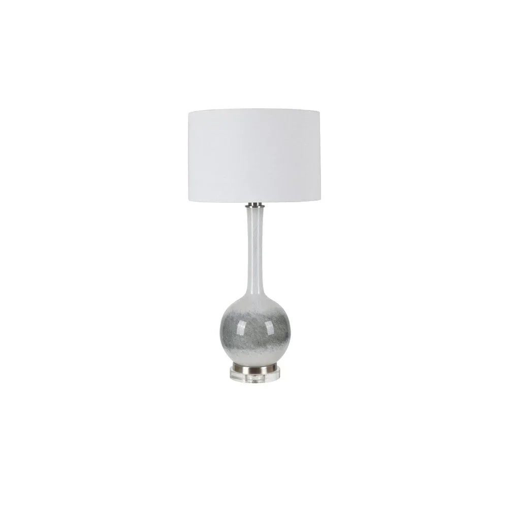 Ceramic table lamp with white drum shade and grey gradient base on chrome stand