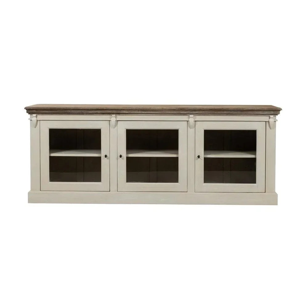 White wooden sideboard with glass doors and natural wood top, three compartments visible