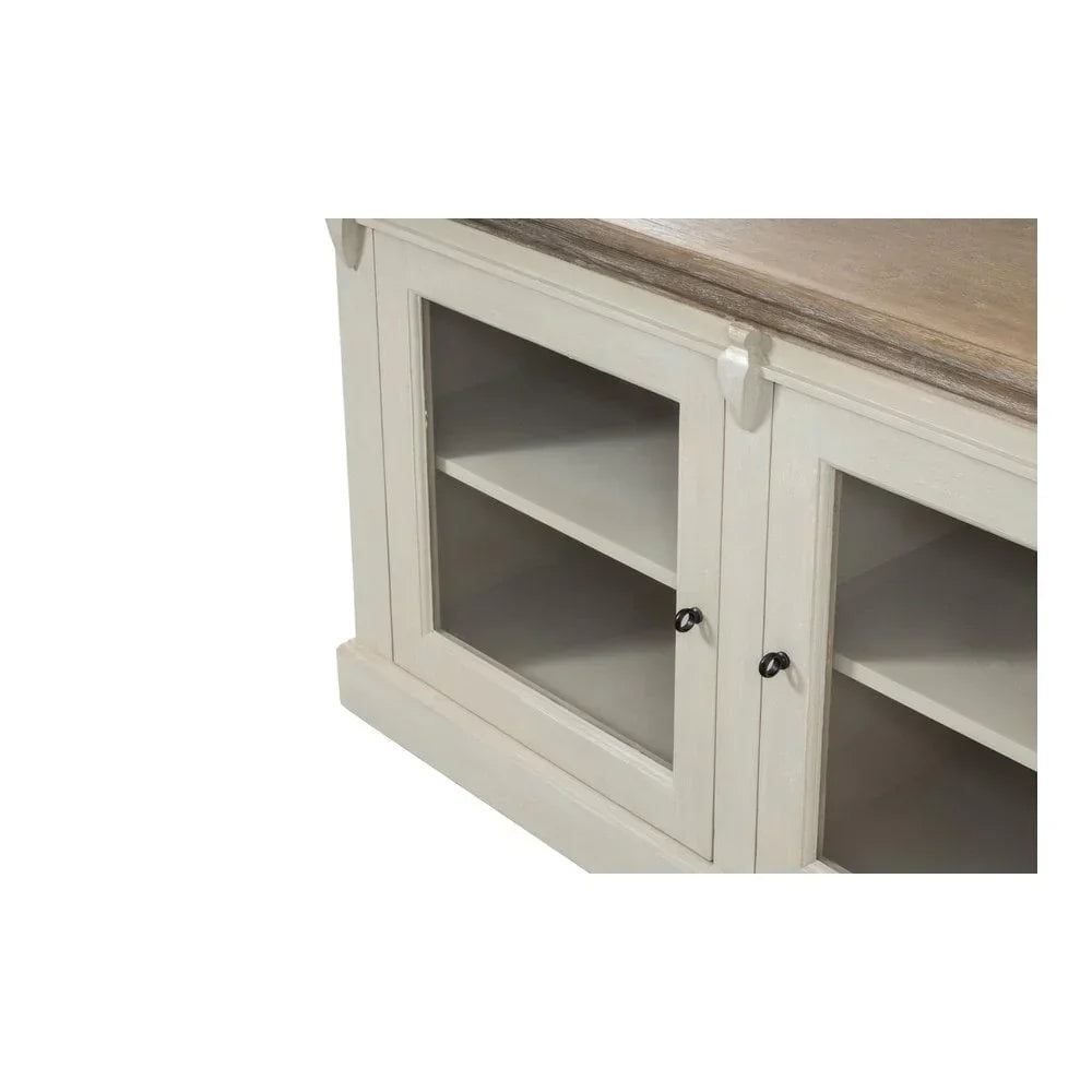 Cream wooden sideboard with glass cabinet doors and natural wood top, front angle view