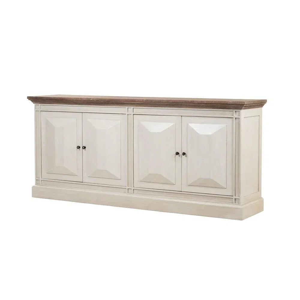 Cream sideboard with four paneled doors and wood top, classic living room storage furniture