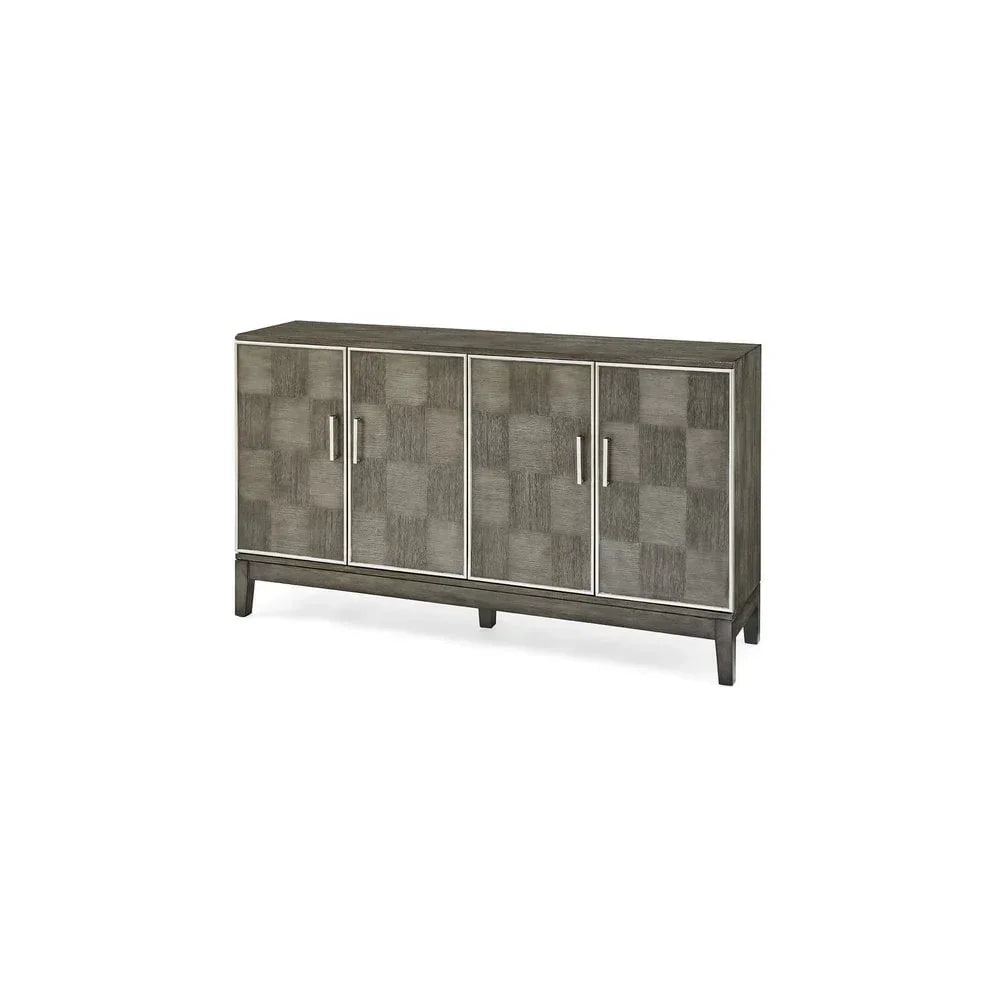 Four door grey sideboard with checkered wood pattern and metal handles
