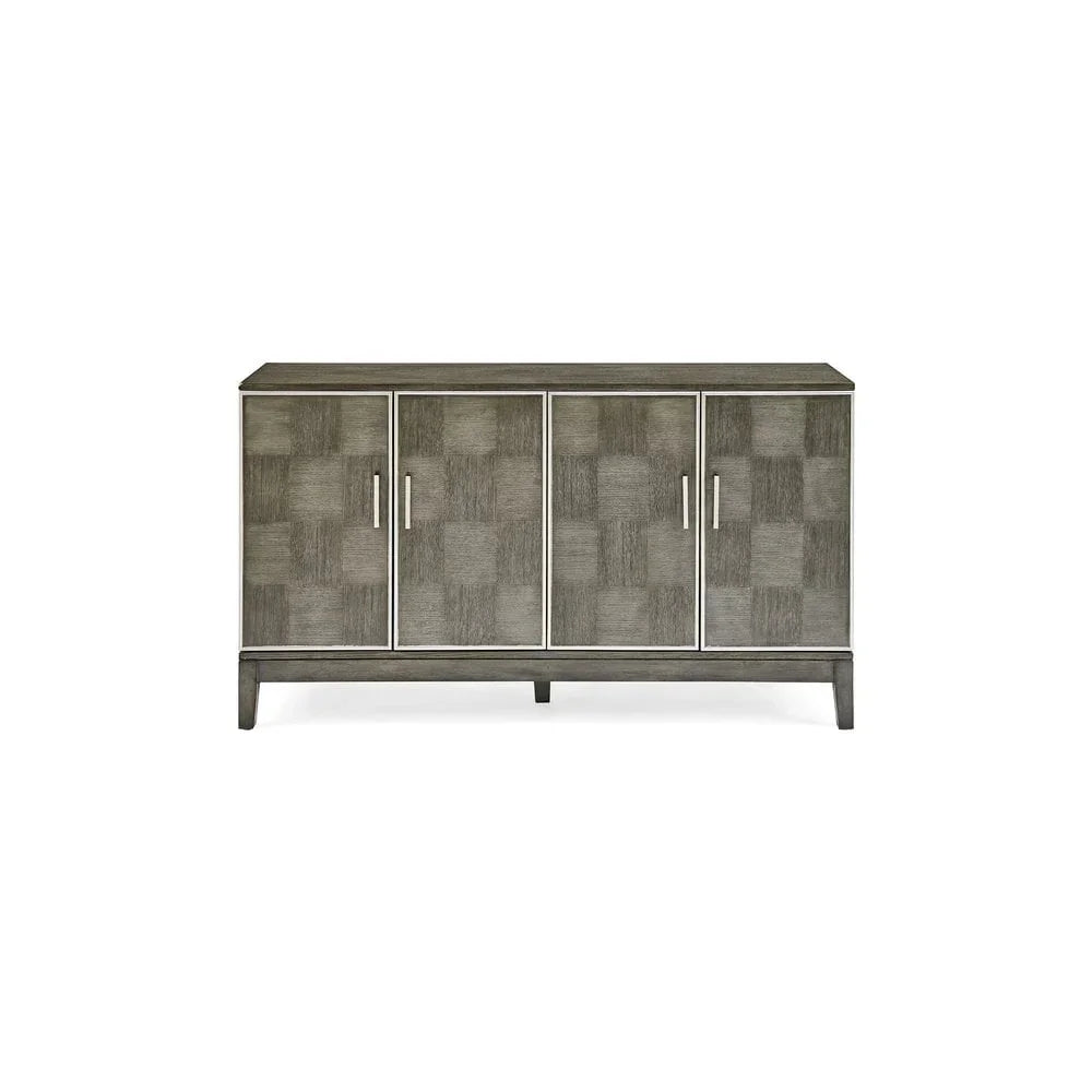 Grey wood sideboard with four doors, checkerboard texture and metal handles, front view
