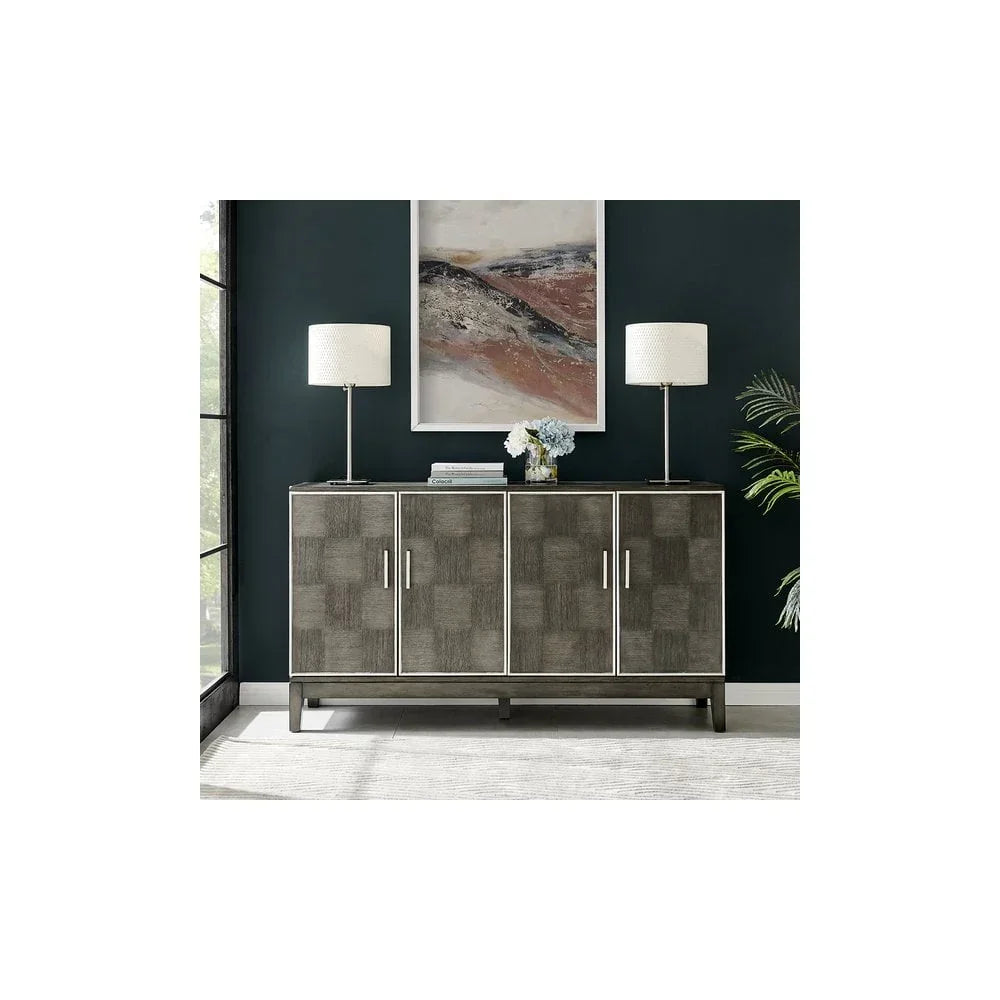 Grey wood sideboard with four doors, chrome handles, decorated with two table lamps