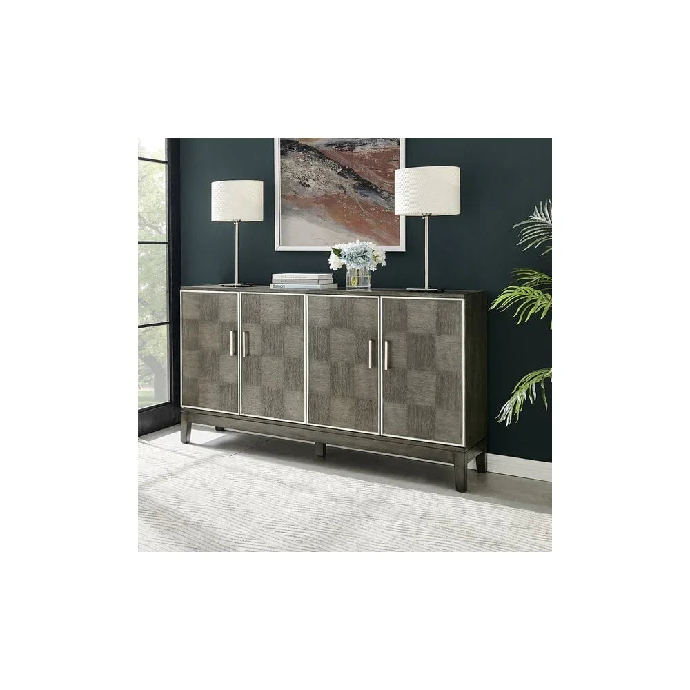 Grey sideboard cabinet with checkered doors, metal handles, and lamps on top in modern living room