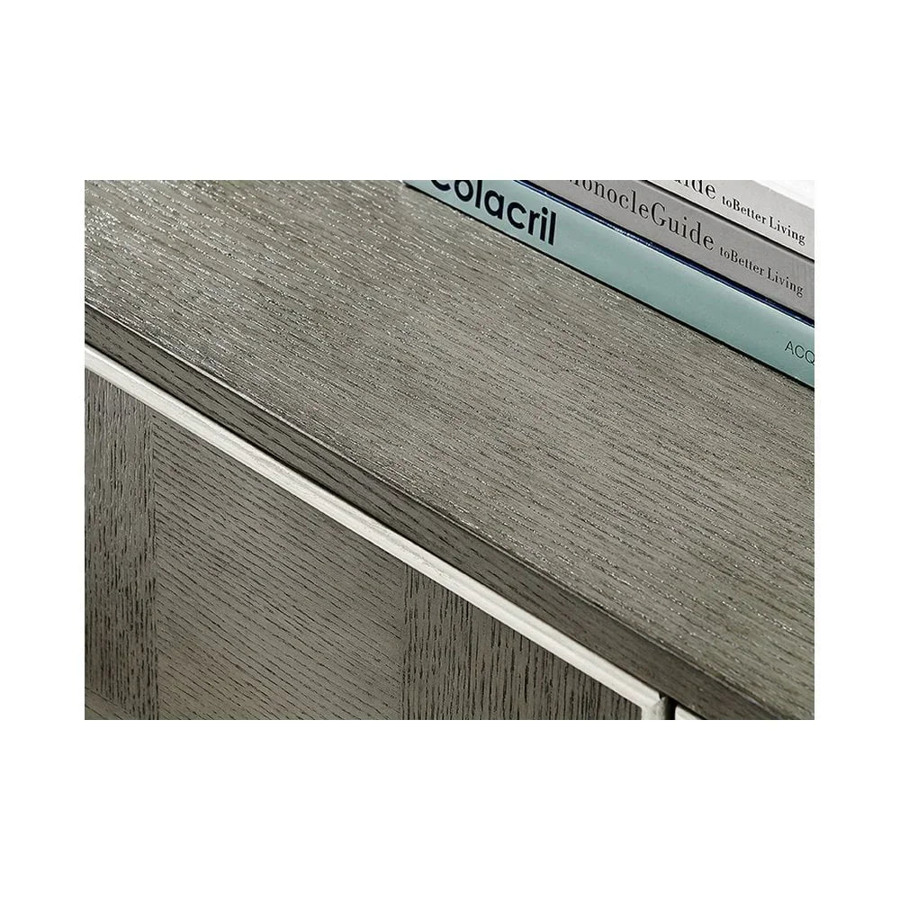 Close up of grey wood sideboard top with stacked books