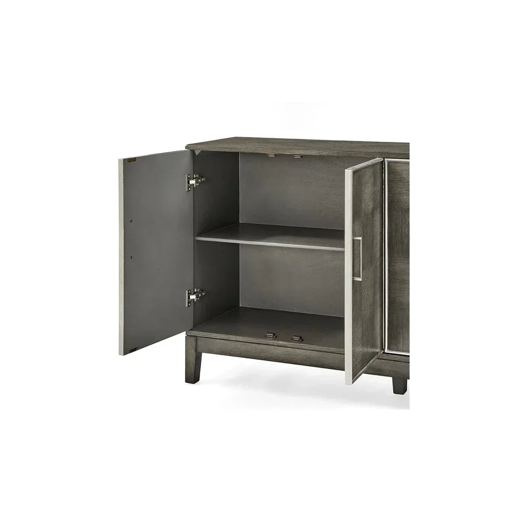 Grey wooden storage cabinet with open doors showing interior shelf and metal handles