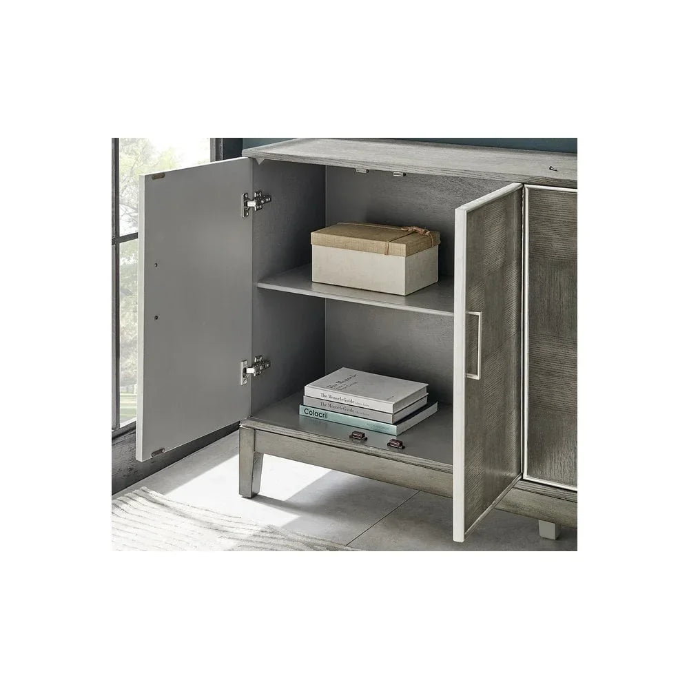 Grey wooden sideboard cabinet with open doors, interior shelf, and stored books and box