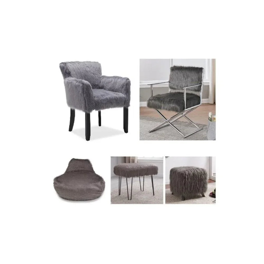Grey faux fur accent chairs and stools with various leg designs for living room seating