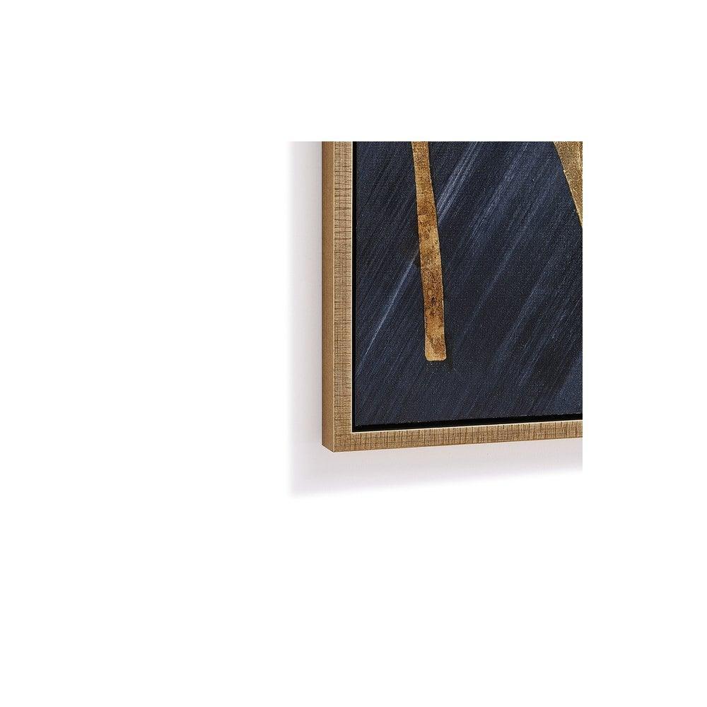 Modern wall art with gold accents in wooden frame, close-up corner view