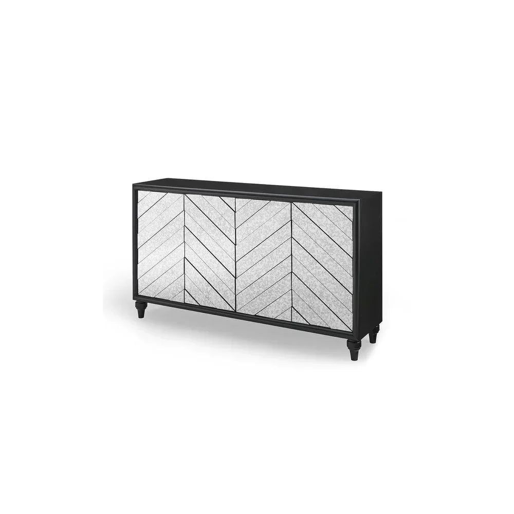 Modern sideboard with black frame and herringbone mirrored doors on tapered legs