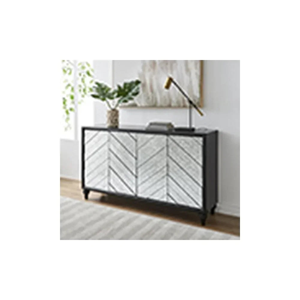 Contemporary sideboard with mirrored chevron doors in modern living room setting