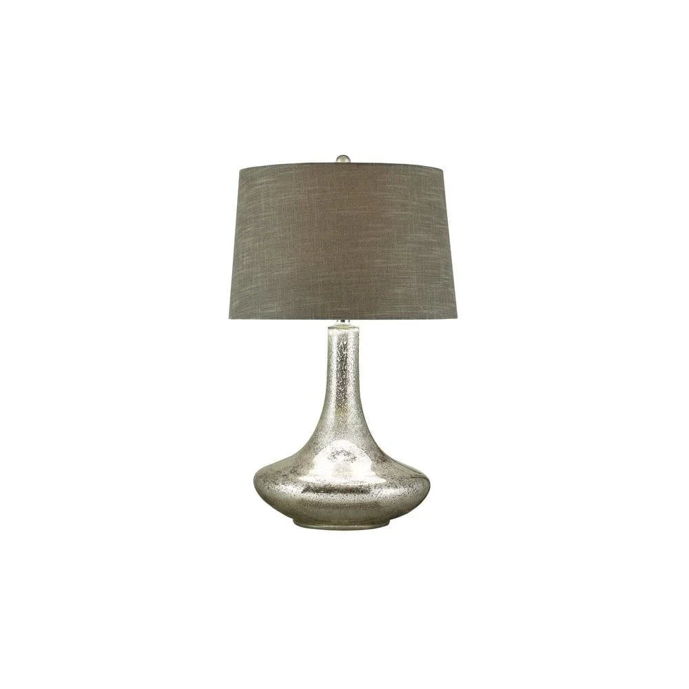 Silver table lamp with rounded metallic base and grey fabric lampshade on white background
