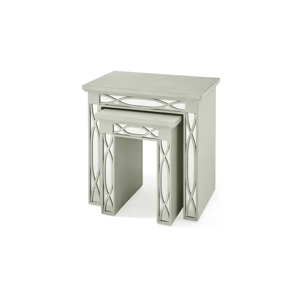 Grey wooden nesting tables with mirrored decorative panels, front angle view
