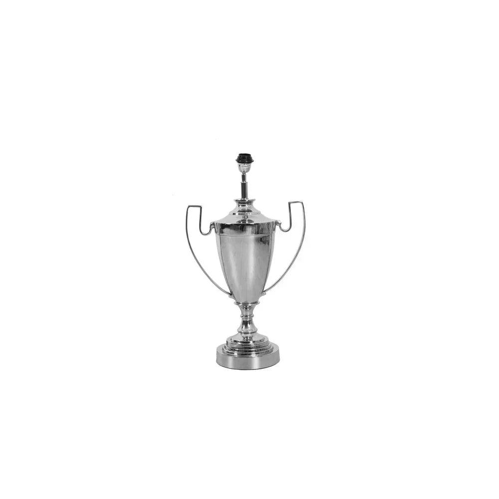 Silver trophy lamp base with twin handles and classic urn shape on white background
