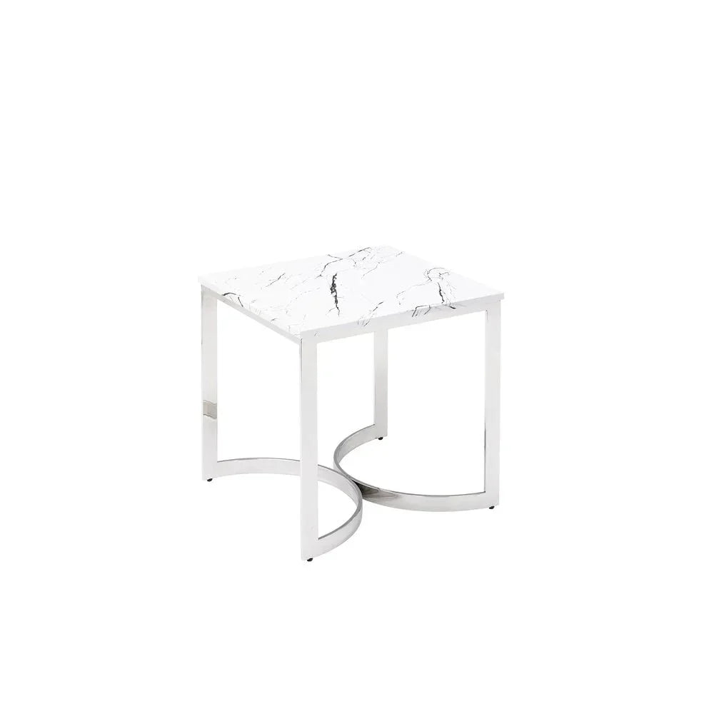 Square marble effect side table with chrome metal legs on white background