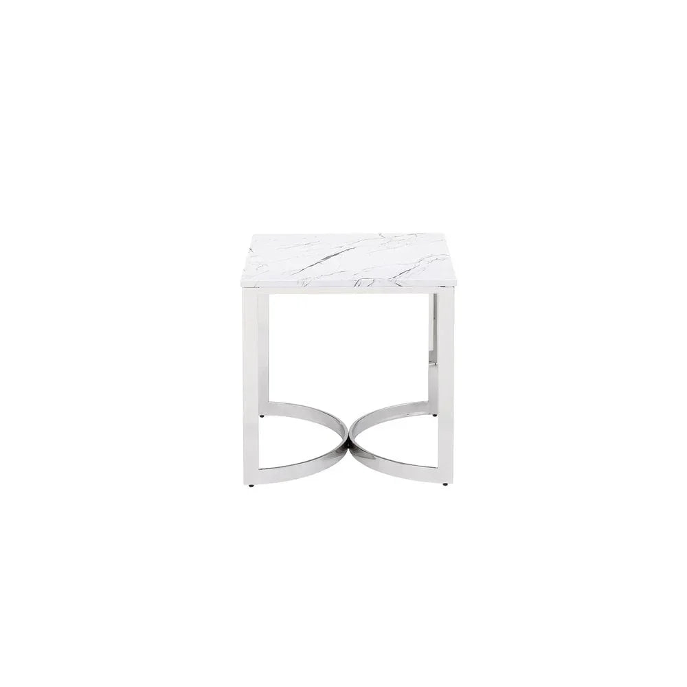 Square marble top side table with chrome metal legs front view