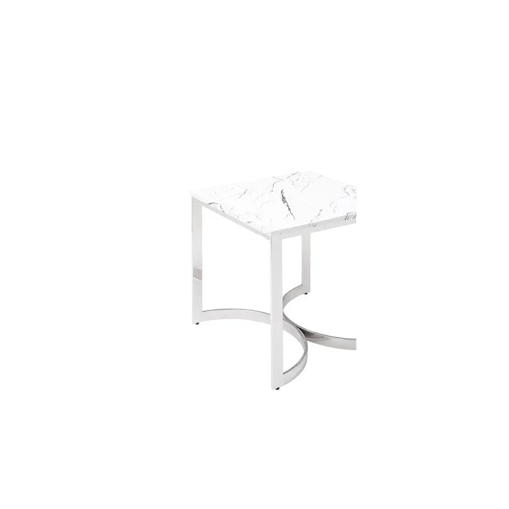 Square marble side table with chrome legs on white background