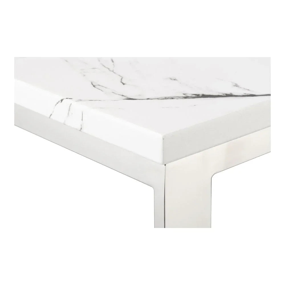 White marble effect dining table corner with stainless steel leg
